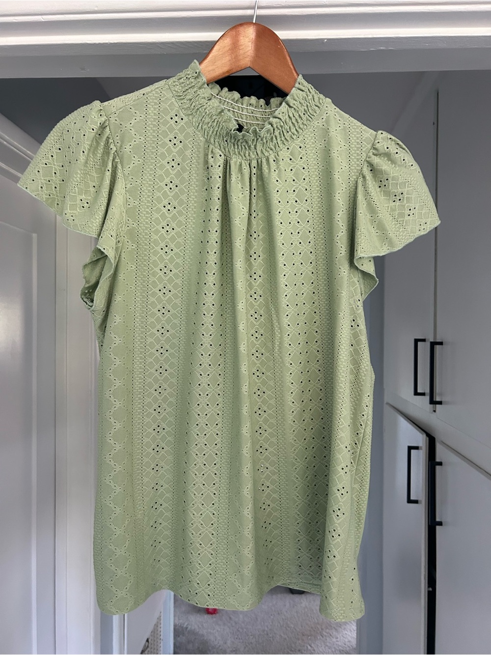 W5 Sage Green Eyelet Smocked Neck Flutter Sleeve Blouse